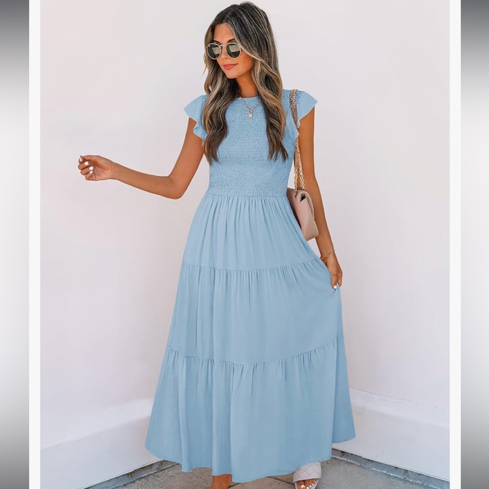NWT ZESICA Flutter Short Sleeve Crew Neck Smocked Dress